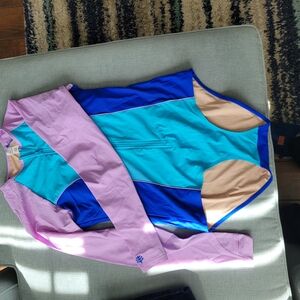 Coolibar Colorblock One-Piece Swimsuit in Turquoise, Royal Blue & Lavender